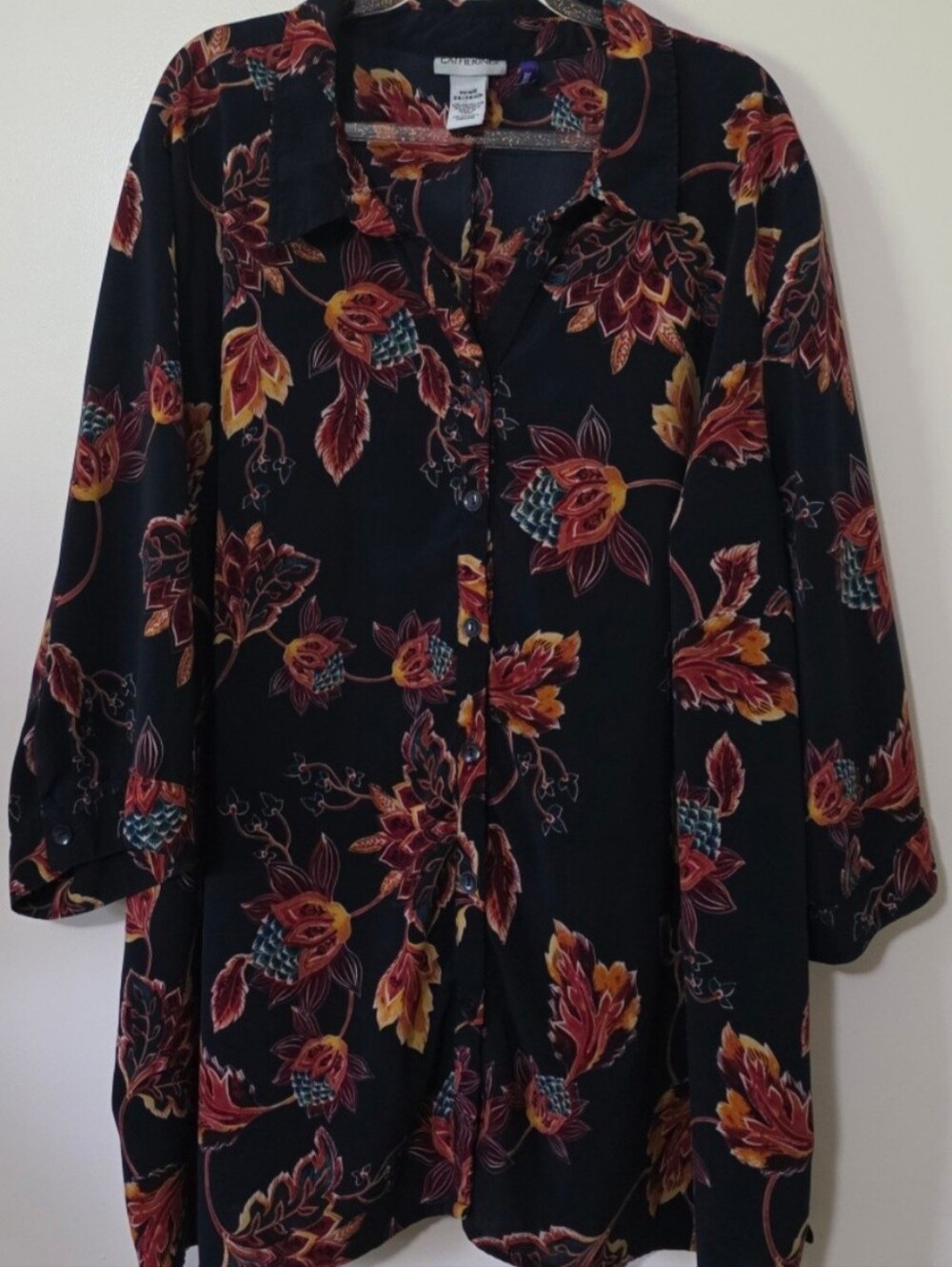 Catherines Button Up Plus Size Blouse Black Floral Mature 3X